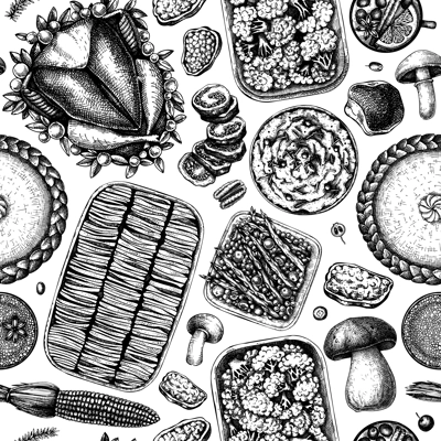 Thanksgiving day table seamless pattern. Roasted turkey, gratin, cooked vegetables, cakes and pies sketches. Traditional Thanksgiving day food. Family dinner background. Vintage backdrop
